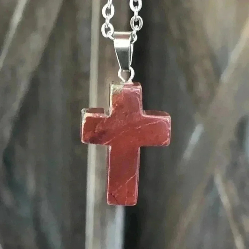Red Dolomite Cross Natural Stainless Steel Necklace NWT